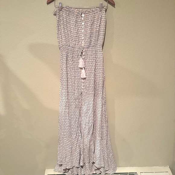 Tiare Hawaii Ryder Polka Dot Strapless Button Front Maxi Dress Pink Gray S/M - Picture 2 of 7